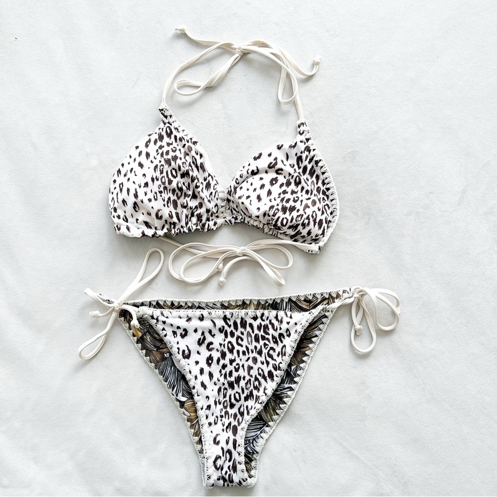 Reversible Black White and Green Leopard Print Bikini Set - Small
